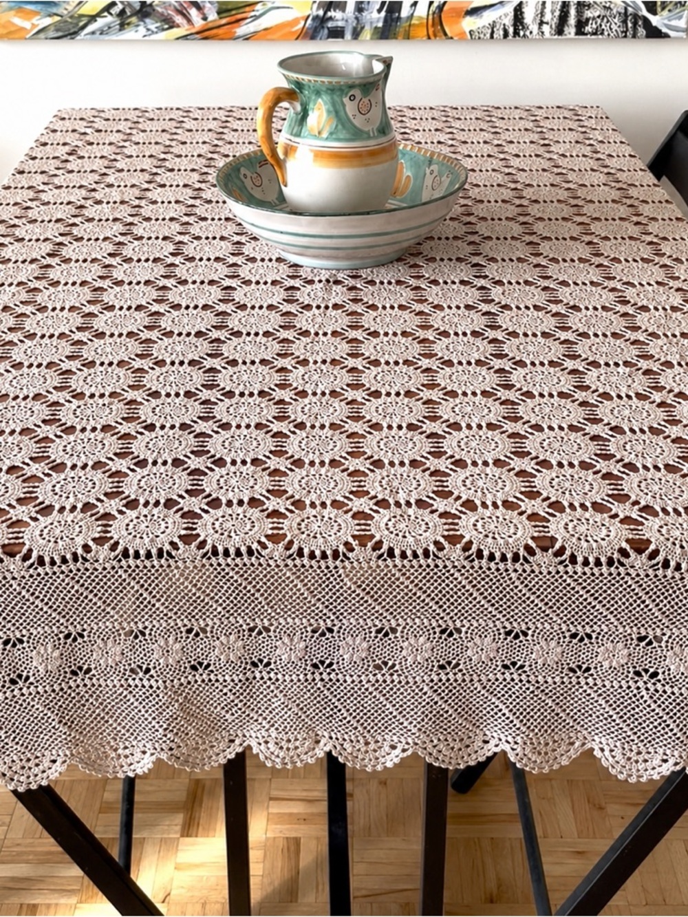 Vintage Artisanal Fine Cotton Crochet Lace Tablecloth, Taupe 60” x 78”